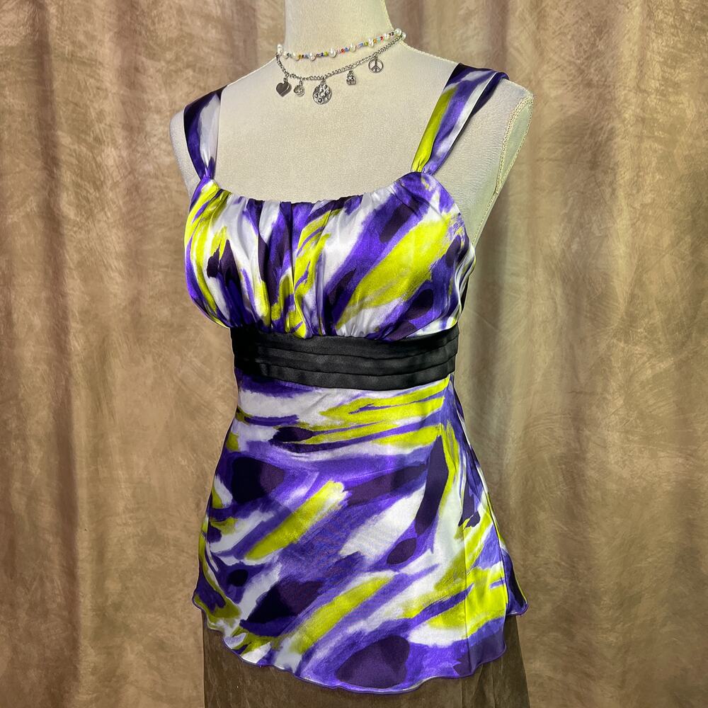 Vintage Y2K Satin Tank Top Geometric Pattern Ruched Sleeveless Multicolor Indie